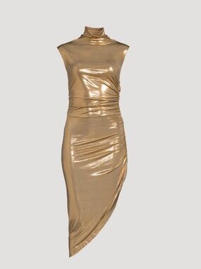 Norma kamali gold asymmetrical turtleneck lame dress size small
